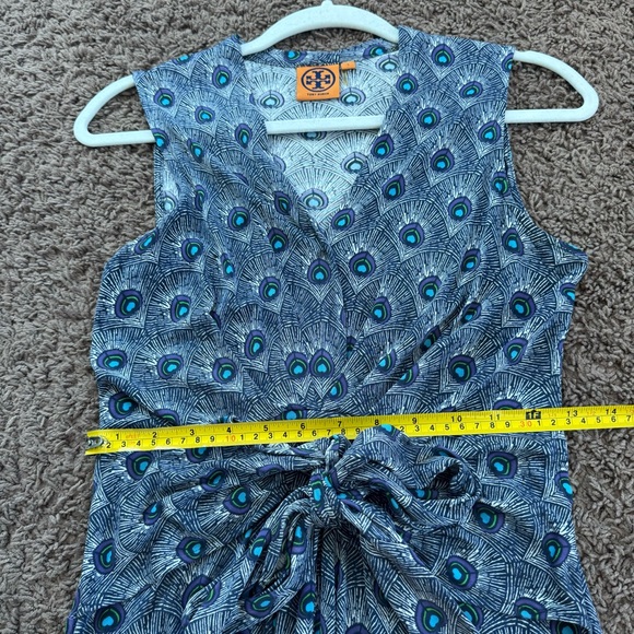 Tory Burch 100% Silk Wrap Dress Peacock Feather Print Sleeveless Purple Blue S - Picture 11 of 13